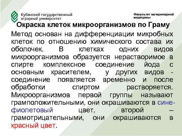 Окраска клеток микроорганизмов по Граму Метод основан на дифференциации микробных клеток по отношению химического