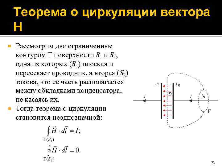 Теорема о циркуляции вектора H Рассмотрим две ограниченные контуром поверхности S 1 и S