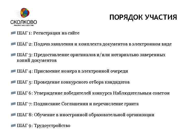 ПОРЯДОК УЧАСТИЯ ШАГ 1: Регистрация на сайте ШАГ 2: Подача заявления и комплекта документов