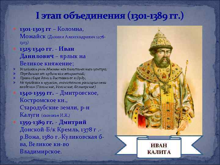 I этап объединения (1301 -1389 гг. ) 1301 -1303 гг – Коломна, Можайск (Даниил