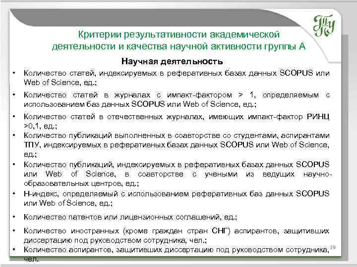 Критерии результативности академической деятельности и качества научной активности группы А Научная деятельность • Количество