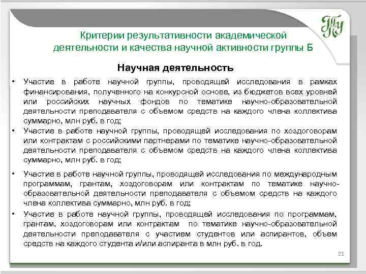 Критерии результативности академической деятельности и качества научной активности группы Б Научная деятельность • •