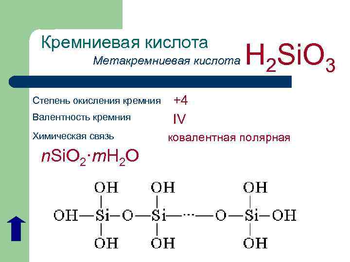 Кремниевая кислота Метакремниевая кислота Степень окисления кремния Валентность кремния Химическая связь n. Si. O