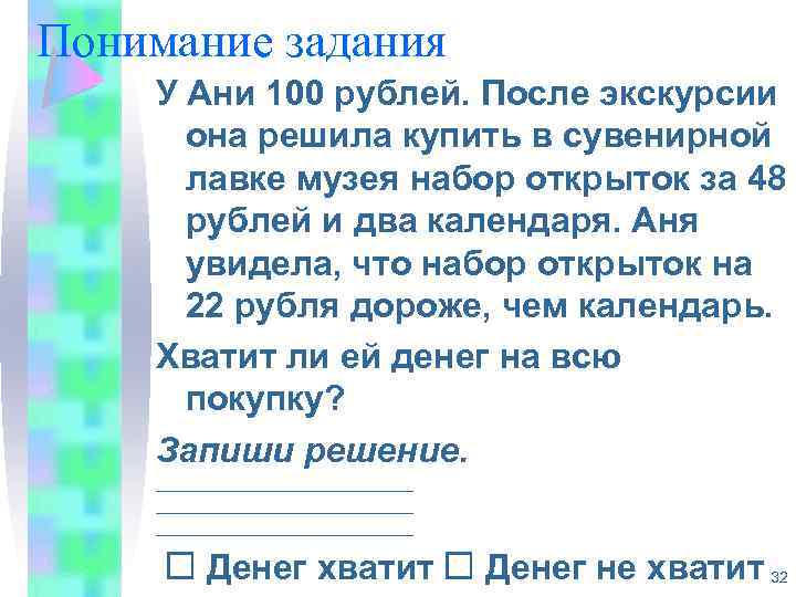 Понимание задания У Ани 100 рублей. После экскурсии она решила купить в сувенирной лавке