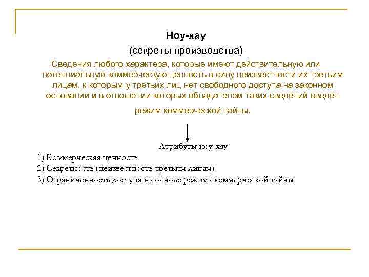 Ноу-хау (секреты производства) Сведения любого характера, которые имеют действительную или потенциальную коммерческую ценность в