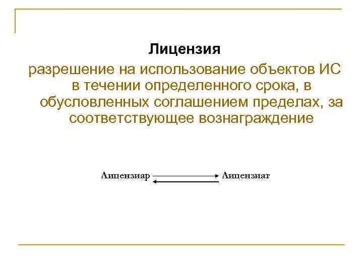 Лицензия разрешение на использование объектов ИС в течении определенного срока, в обусловленных соглашением пределах,