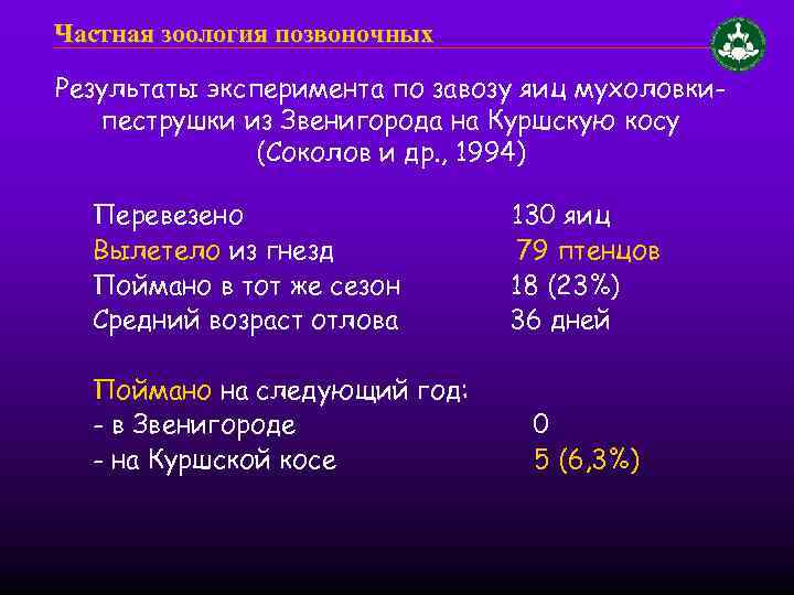Частная зоология позвоночных Результаты эксперимента по завозу яиц мухоловкипеструшки из Звенигорода на Куршскую косу
