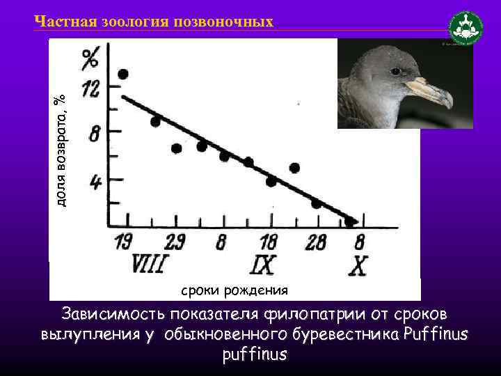 доля возврата, % Частная зоология позвоночных сроки рождения Зависимость показателя филопатрии от сроков вылупления