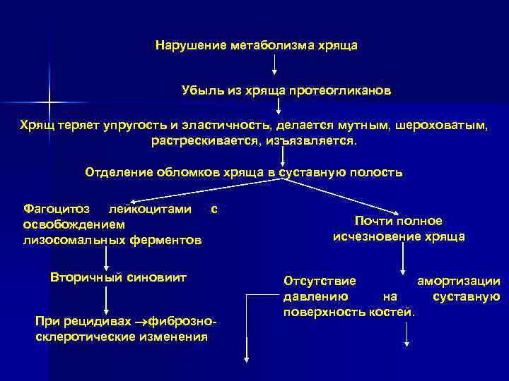 Нарушение метаболизма хряща Убыль из хряща протеогликанов Хрящ теряет упругость и эластичность, делается мутным,