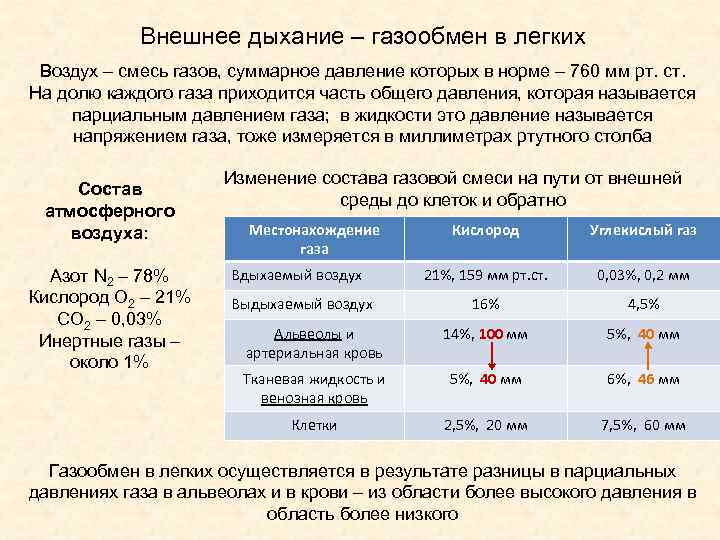 Внешнее дыхание – газообмен в легких Воздух – смесь газов, суммарное давление которых в