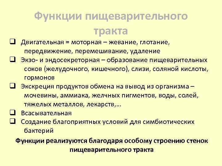 Функции пищеварительного тракта q Двигательная = моторная – жевание, глотание, передвижение, перемешивание, удаление q