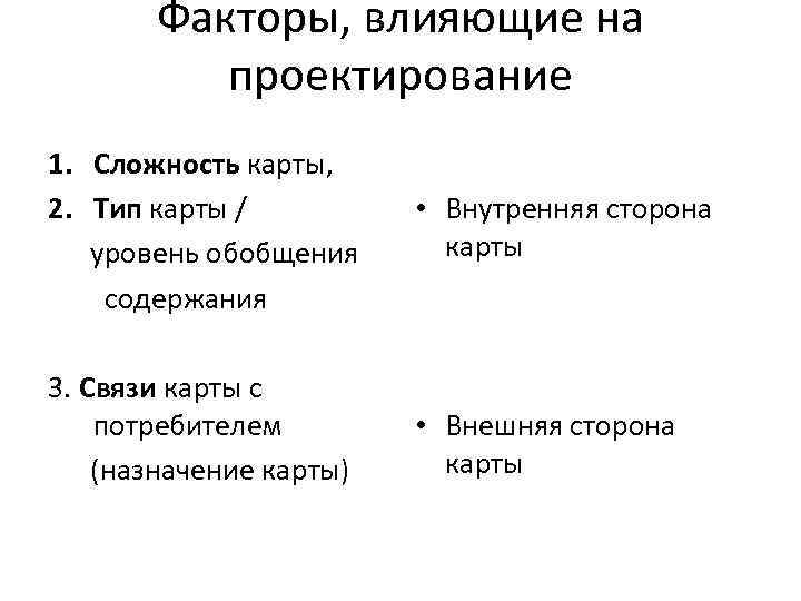 Факторы, влияющие на проектирование 1. Сложность карты, 2. Тип карты / уровень обобщения содержания