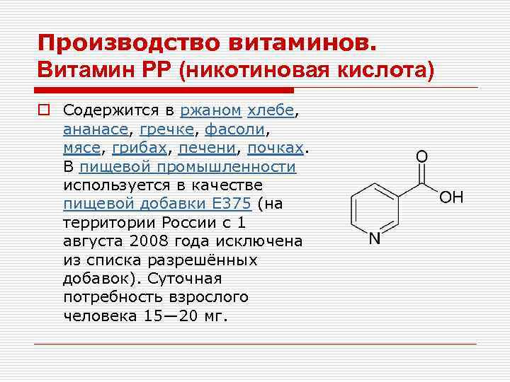 Схема никотиновая кислота