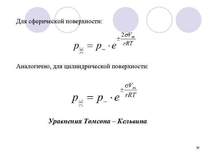 Для сферической поверхности: Аналогично, для цилиндрической поверхности: Уравнения Томсона – Кельвина 14 