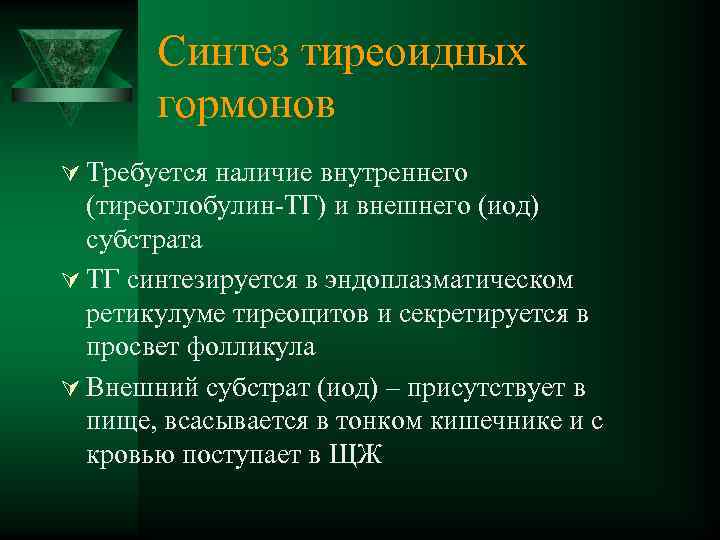 Синтез тиреоидных гормонов Ú Требуется наличие внутреннего (тиреоглобулин-ТГ) и внешнего (иод) субстрата Ú ТГ