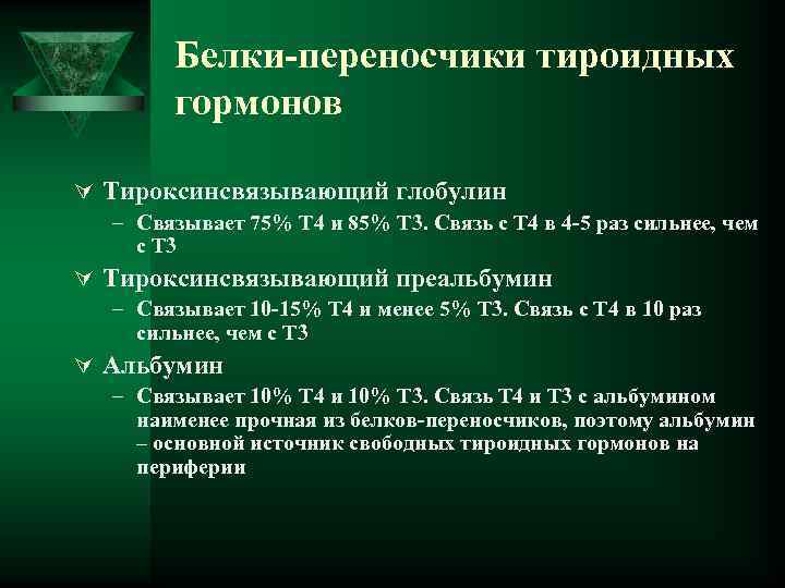 Белки-переносчики тироидных гормонов Ú Тироксинсвязывающий глобулин – Связывает 75% Т 4 и 85% Т