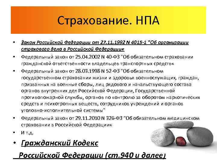 Страхование. НПА • • • Закон Российской Федерации от 27. 11. 1992 N 4015