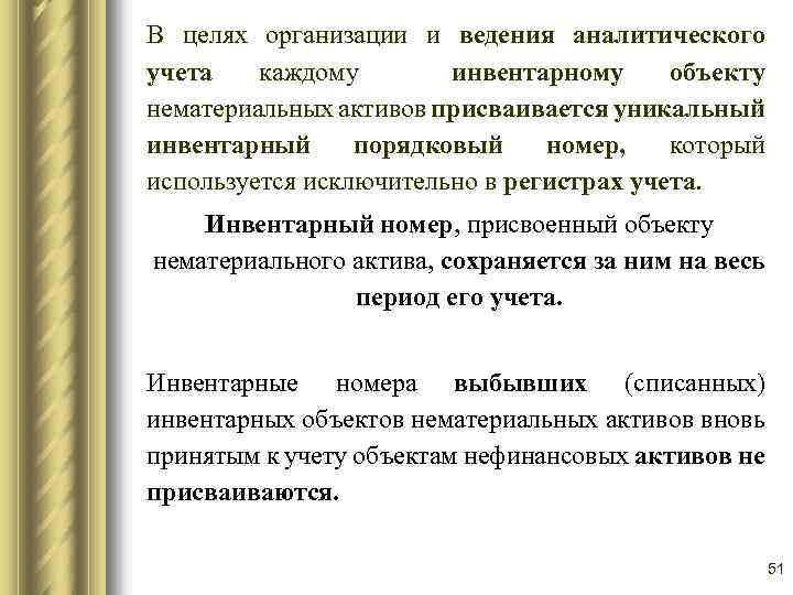 В целях организации и ведения аналитического учета каждому инвентарному объекту нематериальных активов присваивается уникальный