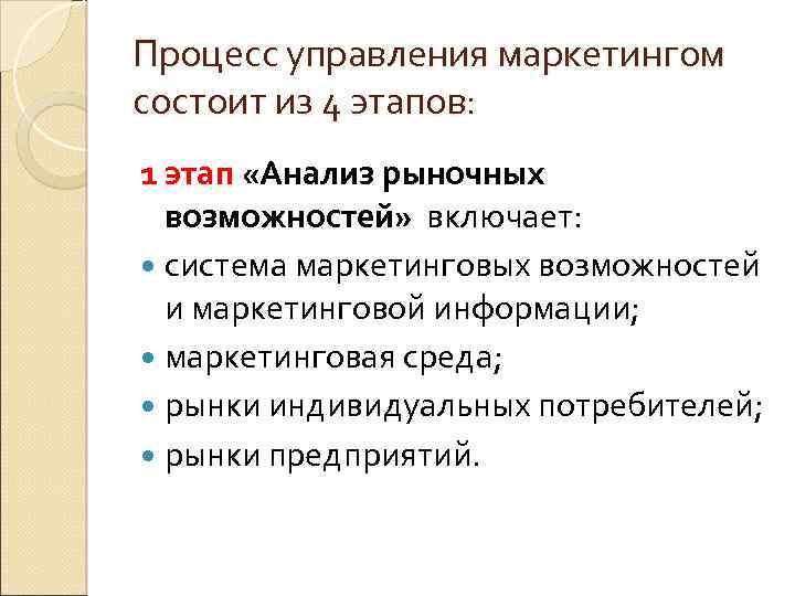 Процесс управления маркетингом состоит из 4 этапов: 1 этап «Анализ рыночных возможностей» включает: система