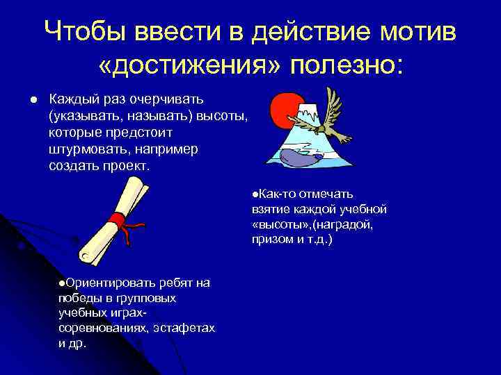 Чтобы ввести в действие мотив «достижения» полезно: l Каждый раз очерчивать (указывать, называть) высоты,