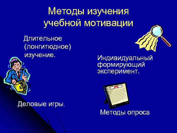 Методы изучения учебной мотивации Длительное (лонгитюдное) изучение. Индивидуальный формирующий эксперимент. Деловые игры. Методы опроса