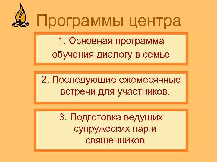 Программы центра 1. Основная программа обучения диалогу в семье 2. Последующие ежемесячные встречи для