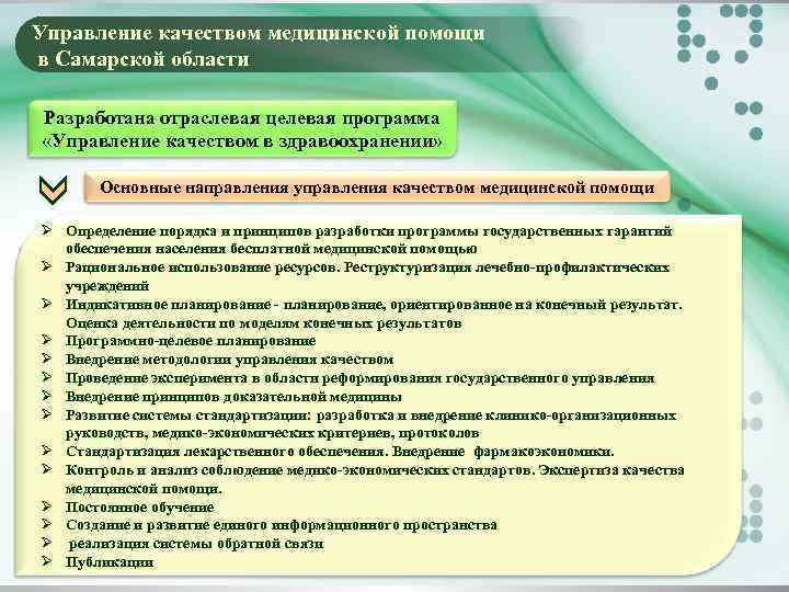 Управление качеством медицинской помощи в Самарской области Разработана отраслевая целевая программа «Управление качеством в