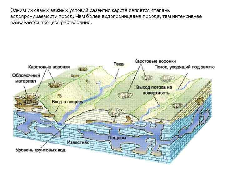 Одним их самых важных условий развития карста является степень водопроницаемости пород. Чем более водопроницаема