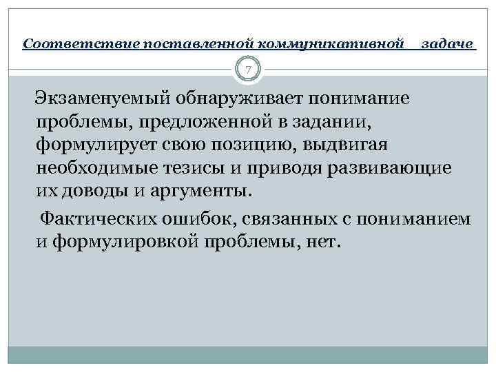 Соответствие поставленной коммуникативной задаче 7 Экзаменуемый обнаруживает понимание проблемы, предложенной в задании, формулирует свою
