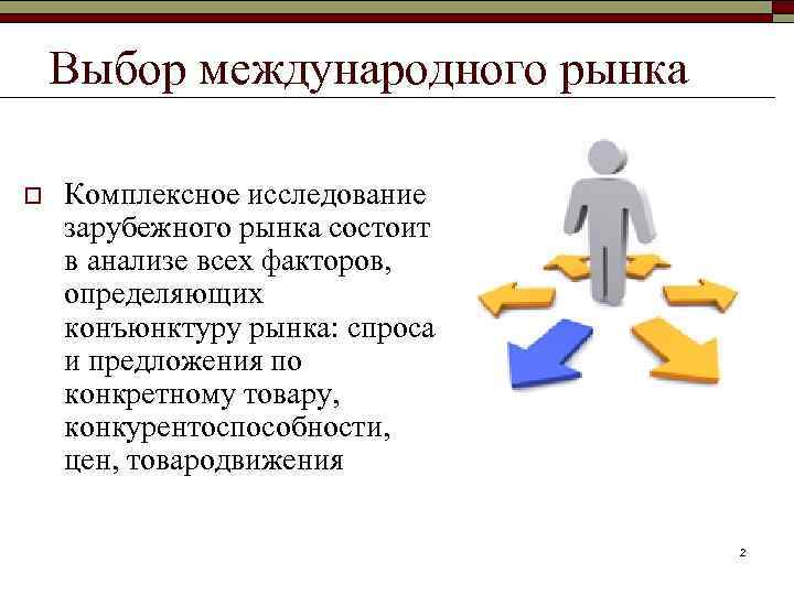 Выбор международного рынка o Комплексное исследование зарубежного рынка состоит в анализе всех факторов, определяющих