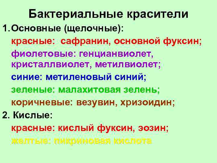 Бактериальные красители 1. Основные (щелочные): красные: сафранин, основной фуксин; фиолетовые: генцианвиолет, кристаллвиолет, метилвиолет; синие: