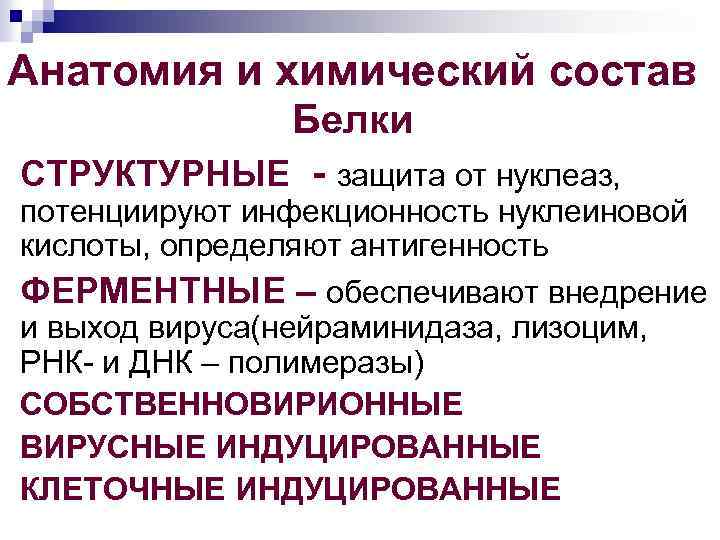 Анатомия и химический состав Белки СТРУКТУРНЫЕ защита от нуклеаз, потенциируют инфекционность нуклеиновой кислоты, определяют