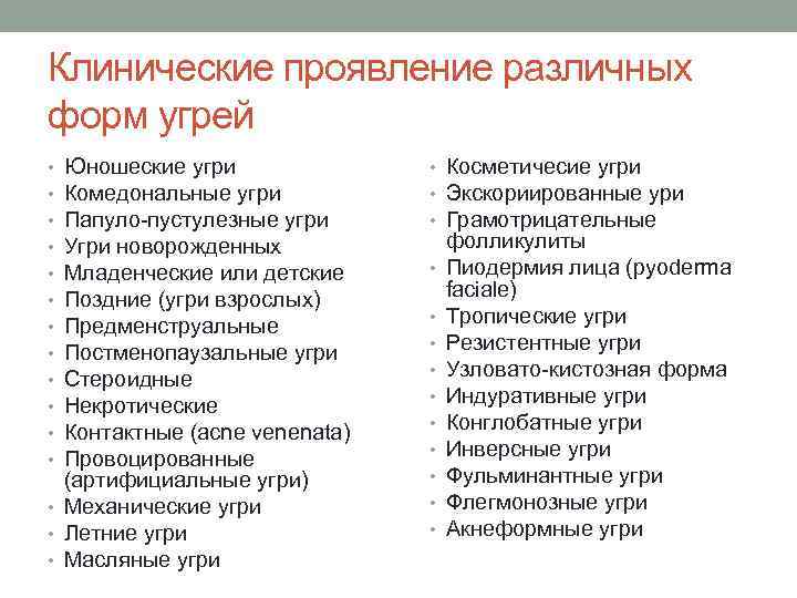 Клинические проявление различных форм угрей Юношеские угри Комедональные угри Папуло-пустулезные угри Угри новорожденных Младенческие