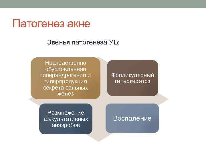 Патогенез акне Звенья патогенеза УБ: Наследственно обусловленная гиперандрогения и гиперпродукция секрета сальных желез Фолликулярный