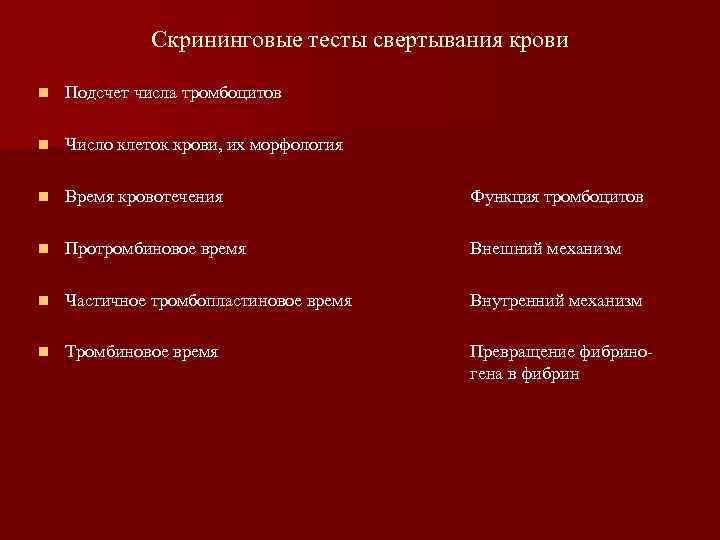 Скрининговые тесты свертывания крови n Подсчет числа тромбоцитов n Число клеток крови, их морфология