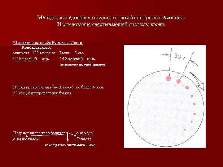 Методы исследования сосудисто-тромбоцитарного гемостаза. Исследование свертывающей системы крови. Манжеточная проба Румпель –Лееде. Кончаловского: манжета