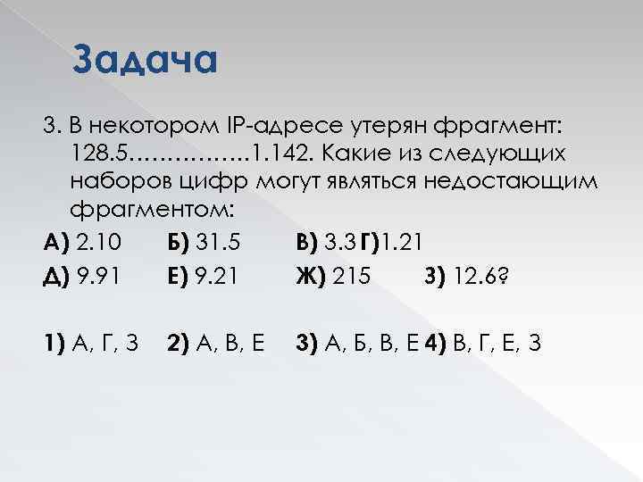 Задача 3. В некотором IP-адресе утерян фрагмент: 128. 5……………. 1. 142. Какие из следующих