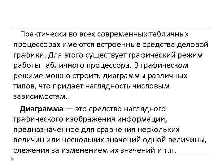 Практически во всех современных табличных процессорах имеются встроенные средства деловой графики. Для этого существует