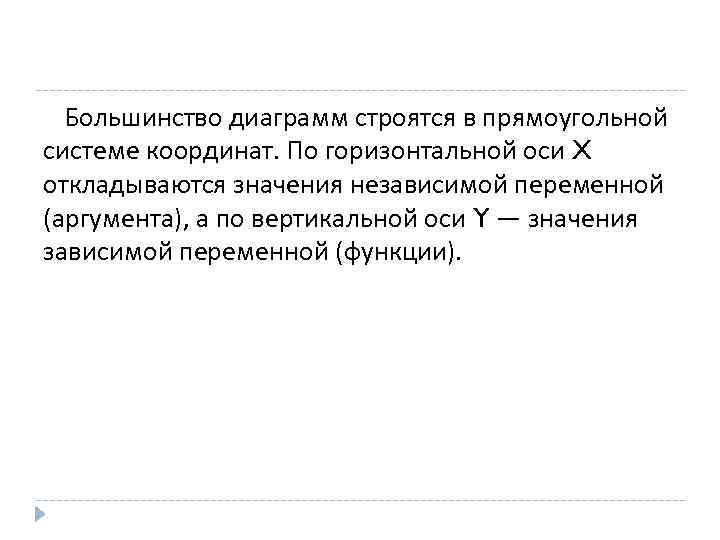 Большинство диаграмм строятся в прямоугольной системе координат. По горизонтальной оси X откладываются значения независимой