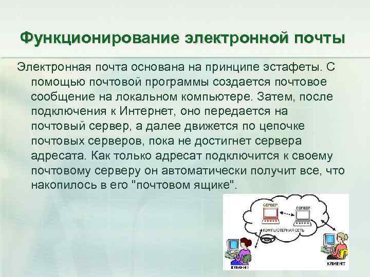 Функционирование электронной почты Электронная почта основана на принципе эстафеты. С помощью почтовой программы создается