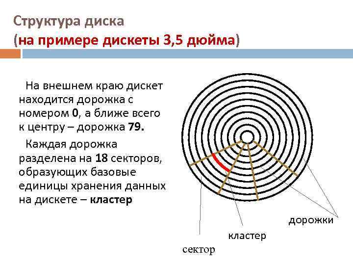 Структура диска (на примере дискеты 3, 5 дюйма) На внешнем краю дискет находится дорожка