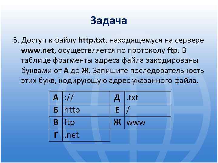 Задача 5. Доступ к файлу http. txt, находящемуся на сервере www. net, осуществляется по