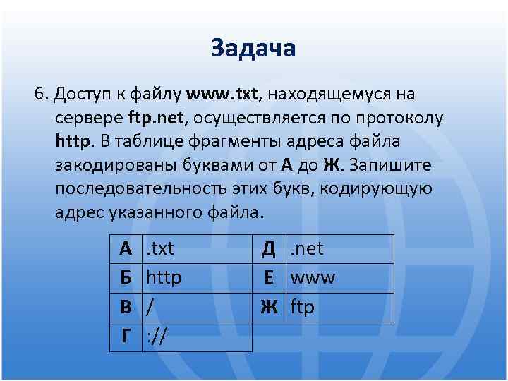Задача 6. Доступ к файлу www. txt, находящемуся на сервере ftp. net, осуществляется по