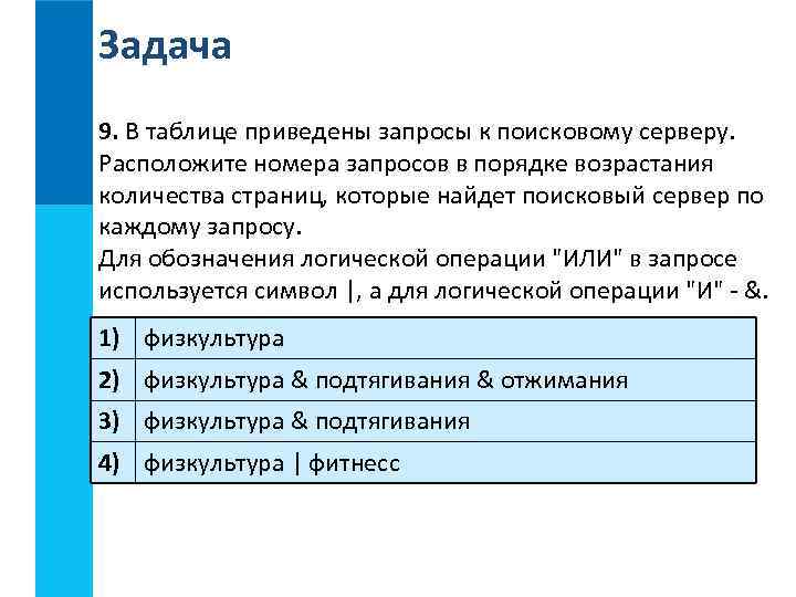Задача 9. В таблице приведены запросы к поисковому серверу. Расположите номера запросов в порядке