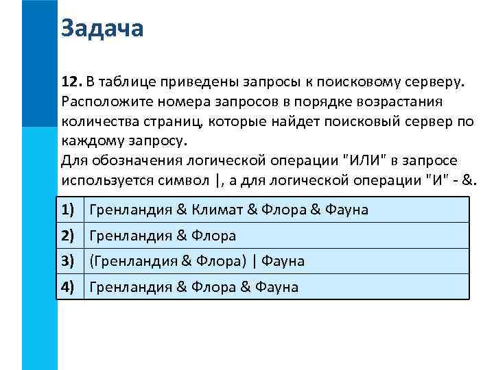 Задача 12. В таблице приведены запросы к поисковому серверу. Расположите номера запросов в порядке