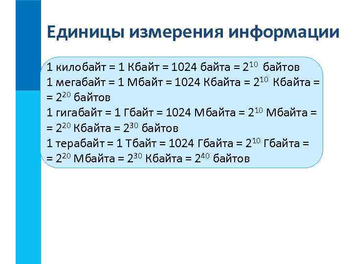 Единицы измерения информации 1 килобайт = 1 Кбайт = 1024 байта = 210 байтов
