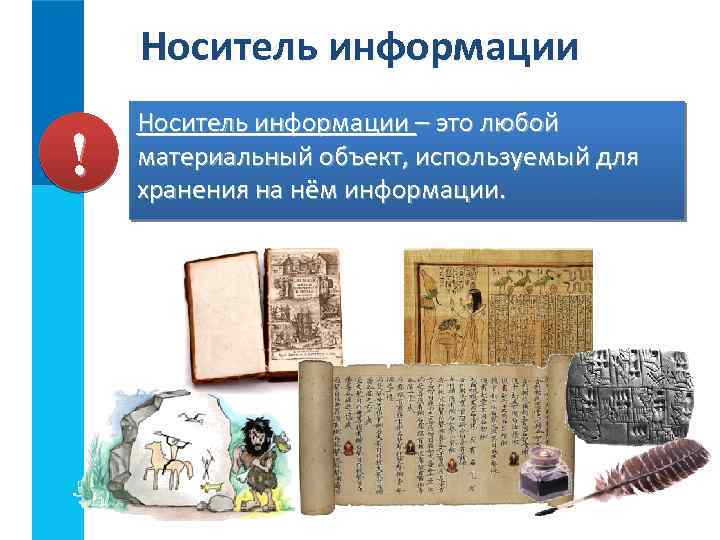 Носитель информации ! Носитель информации – это любой материальный объект, используемый для хранения на