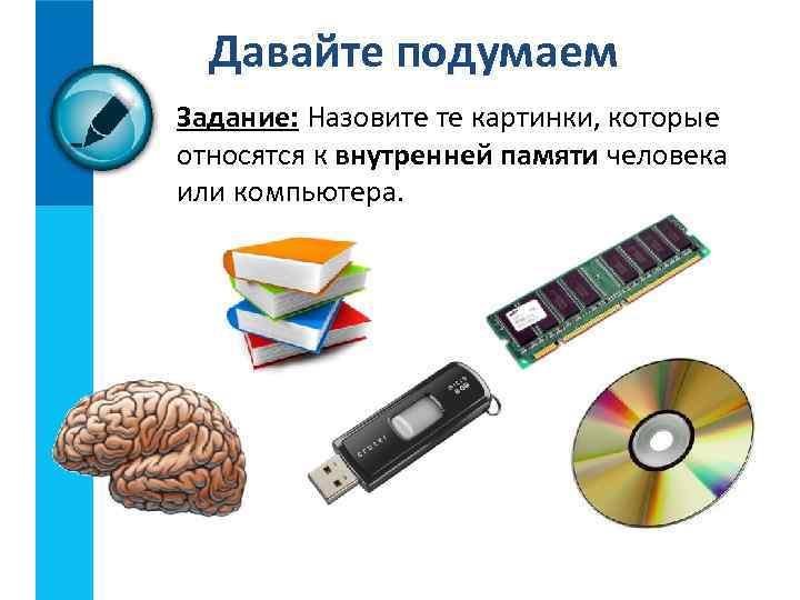 Давайте подумаем Задание: Назовите те картинки, которые относятся к внутренней памяти человека или компьютера.