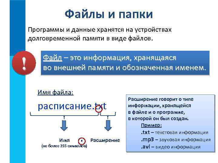Файлы и папки Программы и данные хранятся на устройствах долговременной памяти в виде файлов.