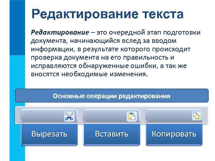 Редактирование текста Редактирование – это очередной этап подготовки документа, начинающийся вслед за вводом информации,